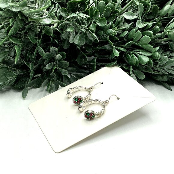 Silver Tone EarMuff Style Dangle Earrings With Red Green Gemstone Accents - Picture 5 of 6